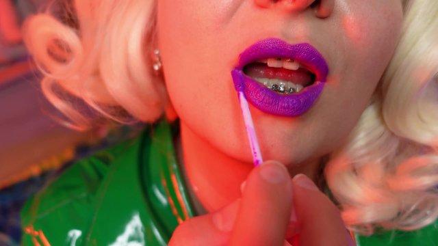 Lipstick closeup video - purple lips fetish ASMR video