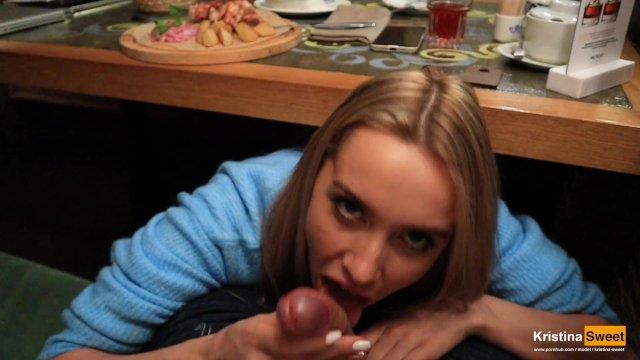 Public Blowjob Under The Table In The Restaurant. Cum in Mouth