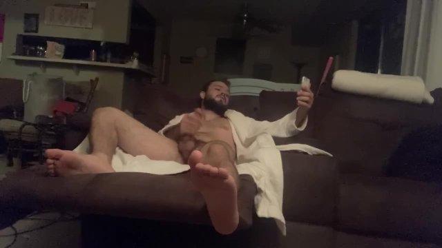 Dad finally Jerks Off after stressful day smokes and strokes cock in his robe