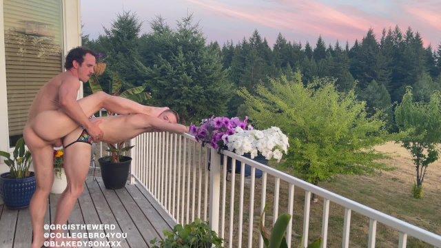 Greg McKeon and Colton fuck tiny twink Blake Dyson on the balcony
