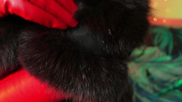FUR and long red leather gloves ASMR video close up with Arya