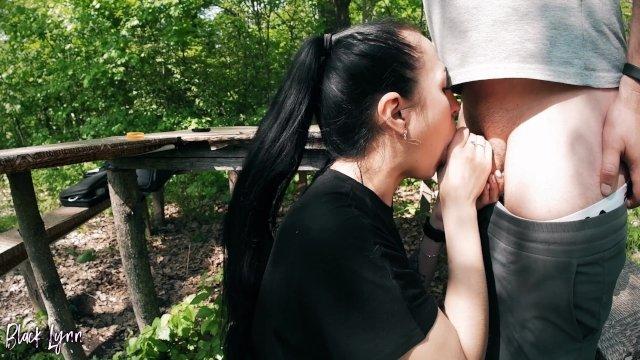 Pro Blowjob by Ponytail Brunette Slut in the Woods - Black Lynn Sucks and Swallows Cum Outdoor
