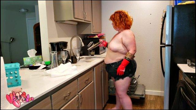 red rubber glove dish washing BBW  redhead
