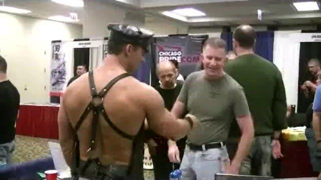 Robert van Damme & Tyler Saint wearing leather at IML Chicago /RVD Films booth/