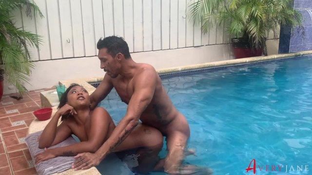 Ebony slut gets rough anal at public pool party