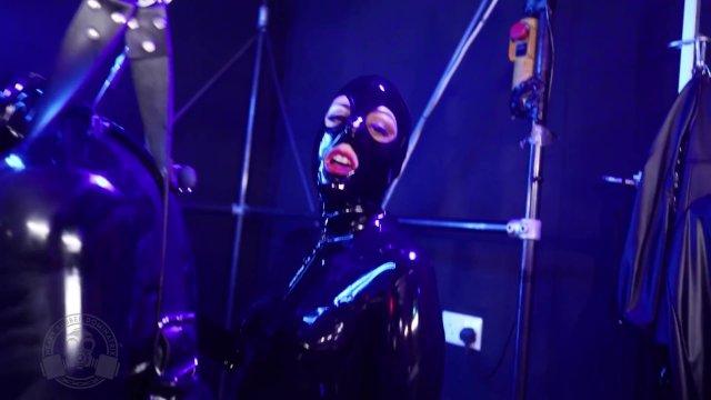 Suspended Gimp Fucked - Lady Bellatrix in heavy rubber slinged strap on film